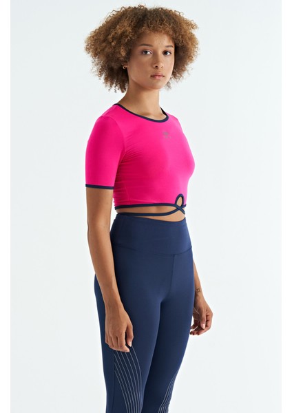 Fuşya Bel Bağlama Detaylı O Yaka Standart Kalıp Dalgıç Kumaş Kadın Crop T-Shirt - 97266 modelleri