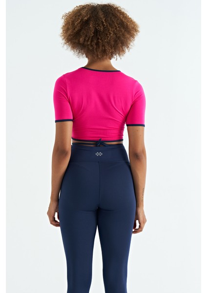 Fuşya Bel Bağlama Detaylı O Yaka Standart Kalıp Dalgıç Kumaş Kadın Crop T-Shirt - 97266 fırsatları