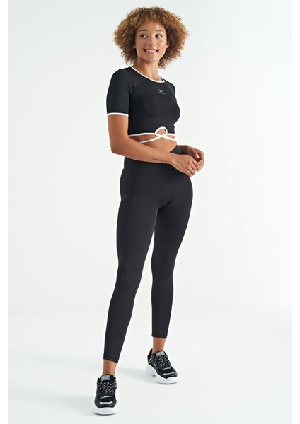 Siyah Logo Baskı Detaylı Yüksek Bel Dalgıç Kumaş Slim Fit Kadın Tayt - 94627