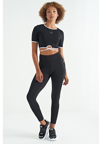 Siyah Logo Baskı Detaylı Yüksek Bel Dalgıç Kumaş Slim Fit Kadın Tayt - 94627 fiyatları