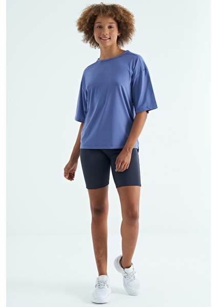 Eflatun O Yaka Baskı Detaylı Oversize Kısa Kol Kadın T-Shirt - 97263