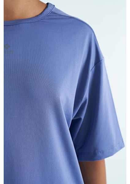 Eflatun O Yaka Baskı Detaylı Oversize Kısa Kol Kadın T-Shirt - 97263 fırsatları