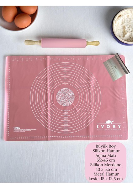 Büyük Boy Silikon Hamur Açma Matı Bambu Saplı Silikon Merdane Metal Hamur Kesme Aparatı