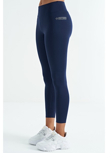 İndigo Logo Baskı Detaylı Yüksek Bel Dalgıç Kumaş Slim Fit Kadın Tayt - 94627 fırsatları