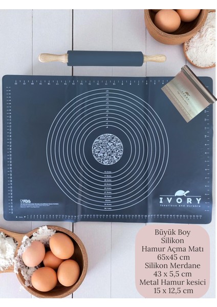 Büyük Boy Silikon Hamur Açma Matı Bambu Saplı Silikon Merdane Metal Hamur Kesme Aparatı