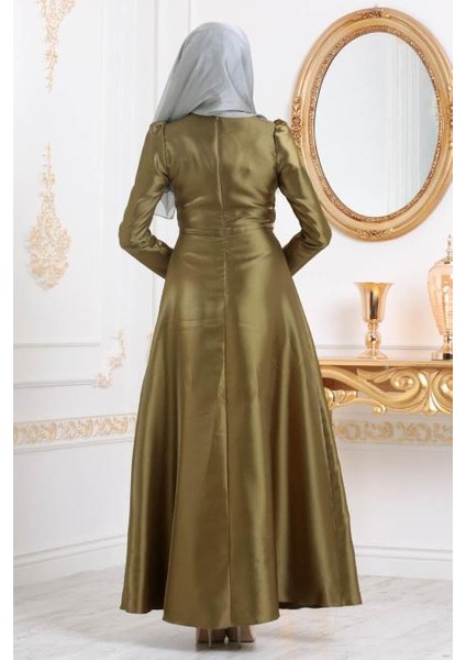 Tesettürlü Abiye Elbiseler - Tafta Haki Tesettür Abiye Elbise 3755HK