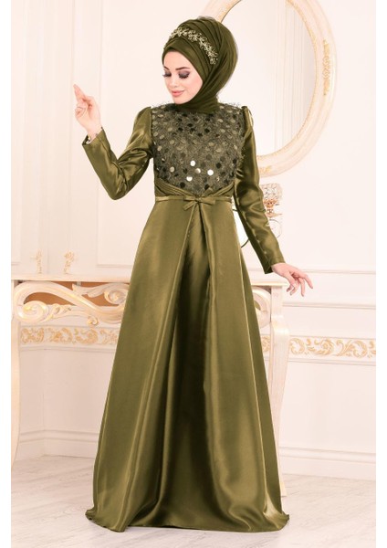 Tesettürlü Abiye Elbiseler - Tafta Haki Tesettür Abiye Elbise 3755HK fiyatları