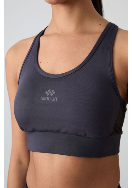 Antrasit Çapraz Sırt Detaylı Slim Fit U Yaka Pedli Kadın Spor Büstiyer - 97121 modelleri