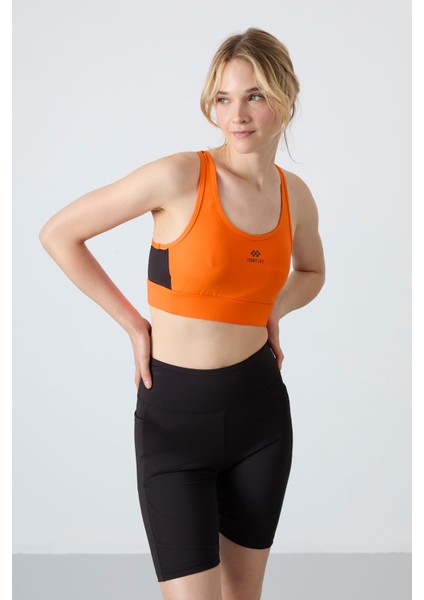 Neon Oranj Çapraz Sırt Detaylı Slim Fit U Yaka Pedli Kadın Spor Büstiyer - 97121