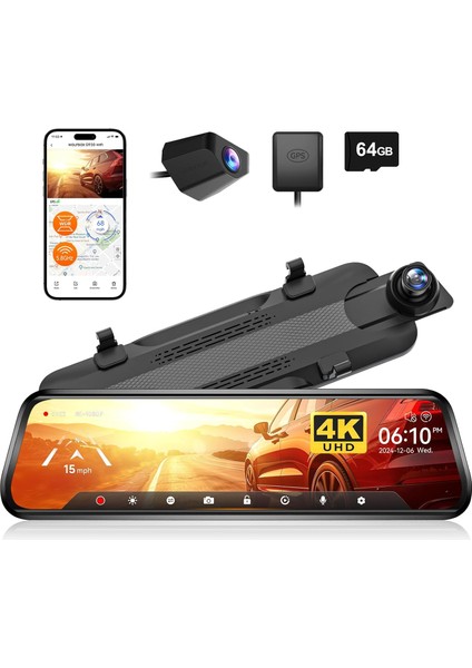 G930 10" 4K Ayna Dash Cam, Ön ve Arka Wdr, Dokunmatik Ekran, 5,8 Ghz Wifi,