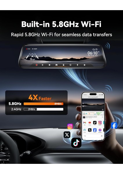 G930 10" 4K Ayna Dash Cam, Ön ve Arka Wdr, Dokunmatik Ekran, 5,8 Ghz Wifi, fiyatları