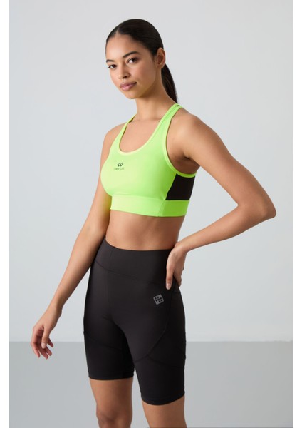 Neon Sarı Çapraz Sırt Detaylı Slim Fit U Yaka Pedli Kadın Spor Büstiyer - 97121