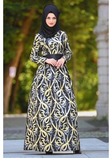 Desenli Pileli Siyah Tesettür Abiye Elbise 2441S