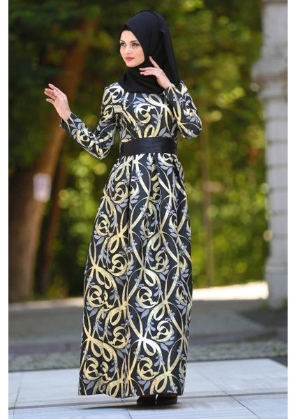 Desenli Pileli Siyah Tesettür Abiye Elbise 2441S fiyatları
