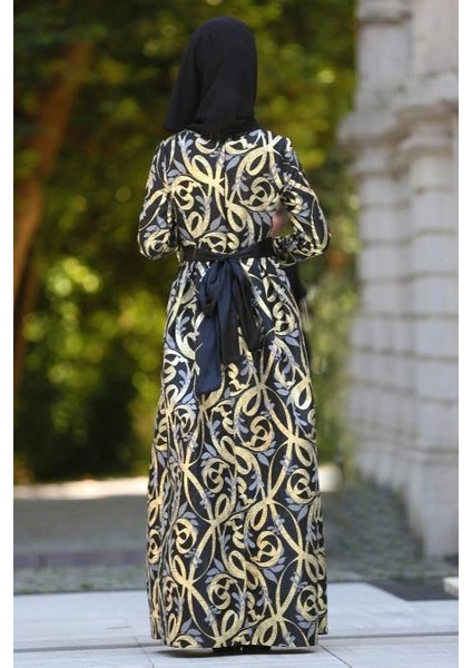 Desenli Pileli Siyah Tesettür Abiye Elbise 2441S modelleri