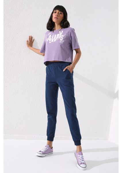 İndigo Yüksek Bel Jogger Rahat Form Manşetli Kadın Eşofman Alt - 94561