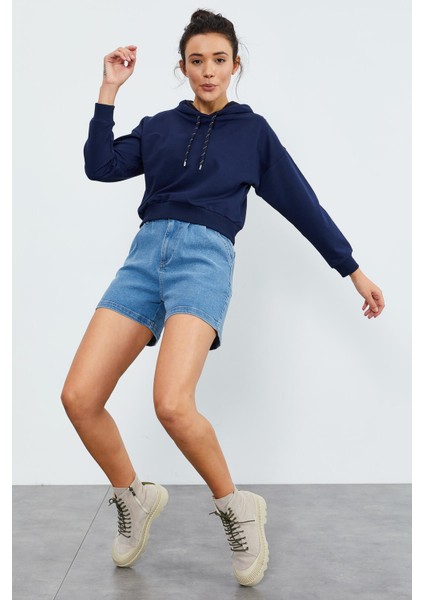 İndigo Uzun Kol Rahat Form Kapüşonlu Kadın Sweatshirt - 97115 fırsatları