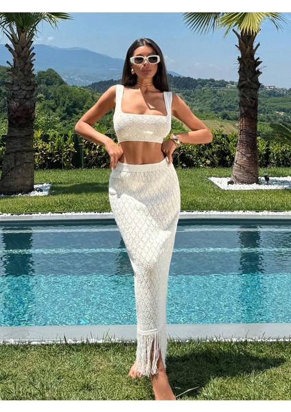 YZEL0006 Kadın Krem Püskül Etekli Ajurlu Pareo Plaj Takımı fiyatları