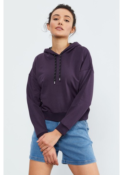 Mor Uzun Kol Rahat Form Kapüşonlu Kadın Sweatshirt - 97115