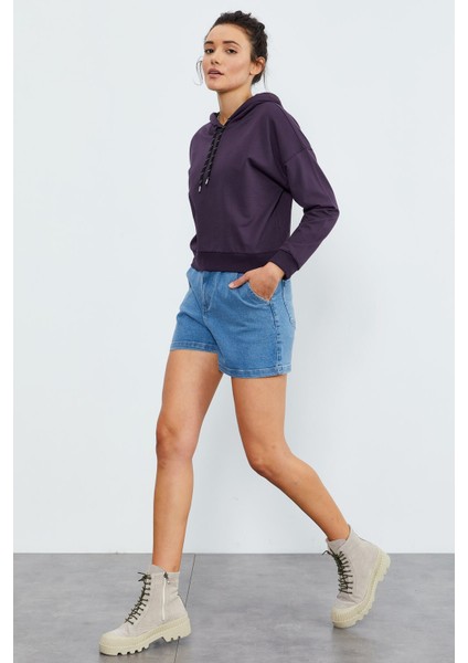 Mor Uzun Kol Rahat Form Kapüşonlu Kadın Sweatshirt - 97115 fiyatları