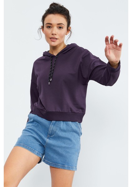 Mor Uzun Kol Rahat Form Kapüşonlu Kadın Sweatshirt - 97115 modelleri