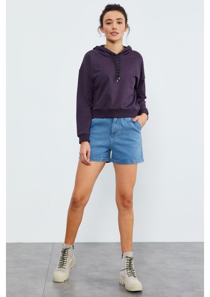 Mor Uzun Kol Rahat Form Kapüşonlu Kadın Sweatshirt - 97115 fırsatları