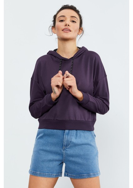 Mor Uzun Kol Rahat Form Kapüşonlu Kadın Sweatshirt - 97115 indirimleri