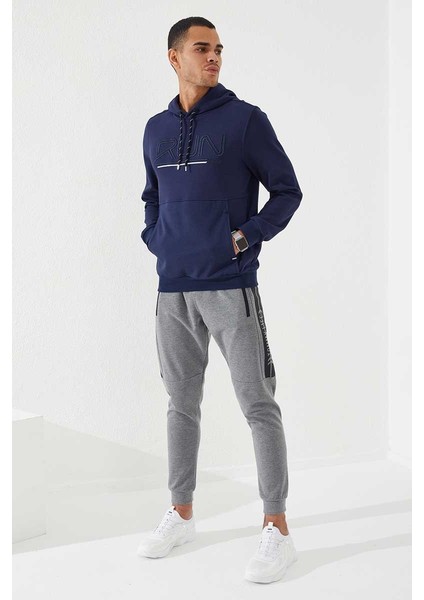 İndigo Yazı Nakışlı Standart Kalıp Kapüşonlu Erkek Sweatshirt - 87887 fiyatları