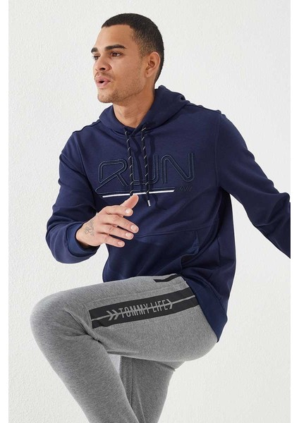 İndigo Yazı Nakışlı Standart Kalıp Kapüşonlu Erkek Sweatshirt - 87887 modelleri