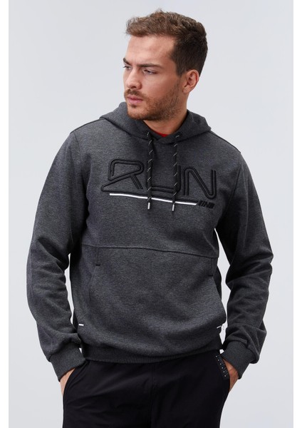 Antrasit Melanj Yazı Nakışlı Standart Kalıp Kapüşonlu Erkek Sweatshirt - 87887