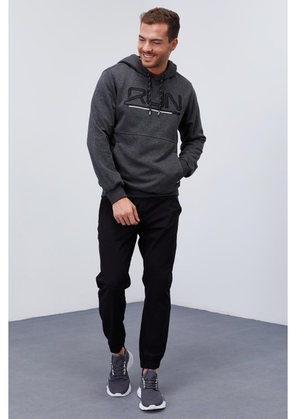 Antrasit Melanj Yazı Nakışlı Standart Kalıp Kapüşonlu Erkek Sweatshirt - 87887 fiyatları