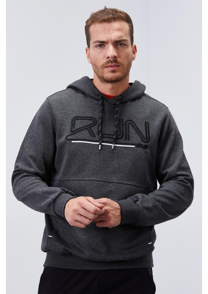 Antrasit Melanj Yazı Nakışlı Standart Kalıp Kapüşonlu Erkek Sweatshirt - 87887 modelleri
