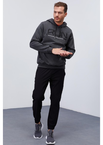 Antrasit Melanj Yazı Nakışlı Standart Kalıp Kapüşonlu Erkek Sweatshirt - 87887 fırsatları