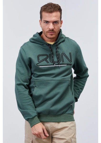 Yeşil Yazı Nakışlı Standart Kalıp Kapüşonlu Erkek Sweatshirt - 87887