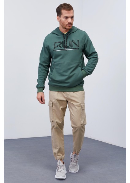 Yeşil Yazı Nakışlı Standart Kalıp Kapüşonlu Erkek Sweatshirt - 87887 fiyatları