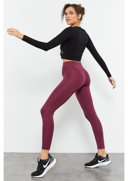 Bordo Yüksek Bel Streç Slim Fit Dar Paça Kadın Tayt - 94545 modelleri
