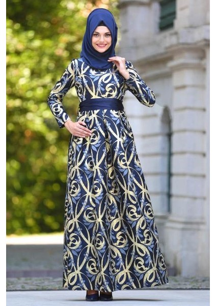 Tesettürlü Abiye Elbise - Desenli Pileli Lacivert Tesettür Abiye Elbise 2441L