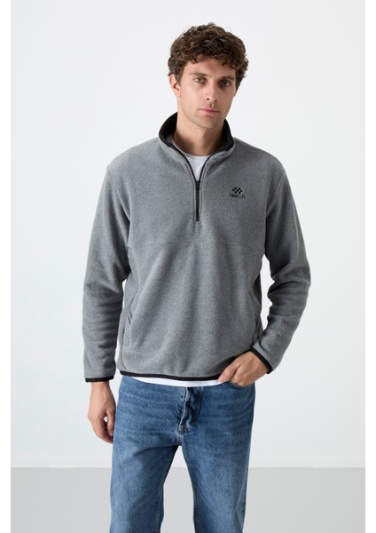 Gri Melanj Yarım Fermuarlı Sweatshirt Slim Fit Dik Yaka Erkek Polar - 87891