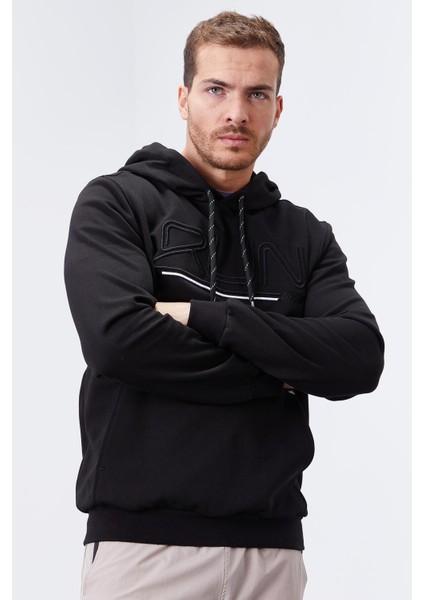 Siyah Yazı Nakışlı Standart Kalıp Kapüşonlu Erkek Sweatshirt - 87887
