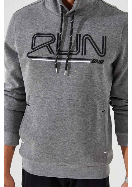 Gri Melanj Yazı Nakışlı Standart Kalıp Kapüşonlu Erkek Sweatshirt - 87887 modelleri