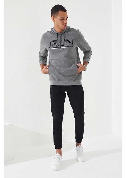 Gri Melanj Yazı Nakışlı Standart Kalıp Kapüşonlu Erkek Sweatshirt - 87887 fırsatları