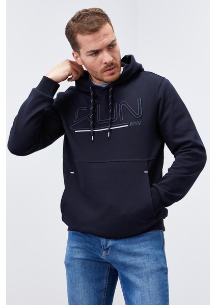 Lacivert Yazı Nakışlı Standart Kalıp Kapüşonlu Erkek Sweatshirt - 87887