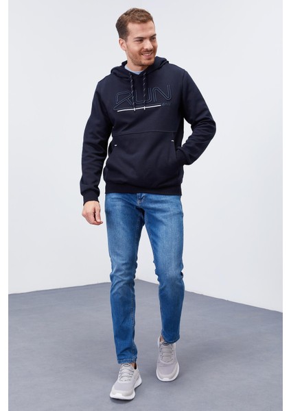 Lacivert Yazı Nakışlı Standart Kalıp Kapüşonlu Erkek Sweatshirt - 87887 fiyatları