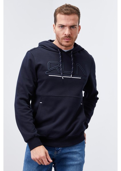 Lacivert Yazı Nakışlı Standart Kalıp Kapüşonlu Erkek Sweatshirt - 87887 modelleri