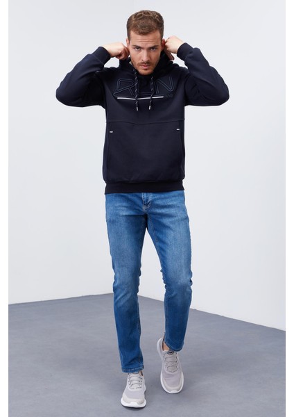 Lacivert Yazı Nakışlı Standart Kalıp Kapüşonlu Erkek Sweatshirt - 87887 fırsatları