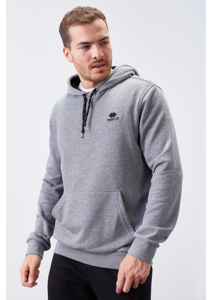 Gri Melanj Kanguru Cep Standart Kalıp Kapüşonlu Erkek Sweatshirt - 87872