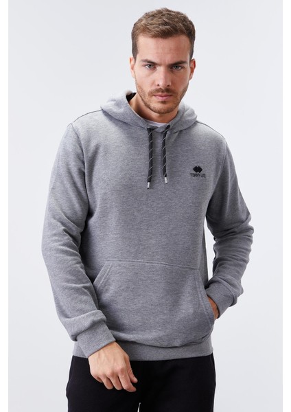 Gri Melanj Kanguru Cep Standart Kalıp Kapüşonlu Erkek Sweatshirt - 87872 modelleri