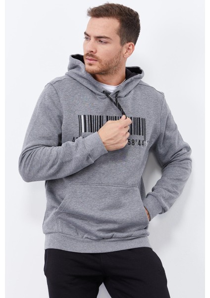 Gri Melanj Nakışlı Kanguru Cep Standart Kalıp Kapüşonlu Erkek Sweatshirt - 87839