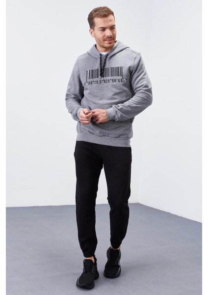 Gri Melanj Nakışlı Kanguru Cep Standart Kalıp Kapüşonlu Erkek Sweatshirt - 87839 fiyatları