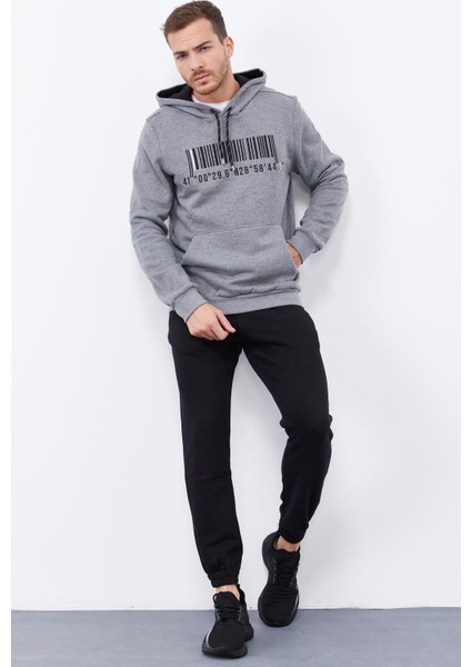Gri Melanj Nakışlı Kanguru Cep Standart Kalıp Kapüşonlu Erkek Sweatshirt - 87839 fırsatları